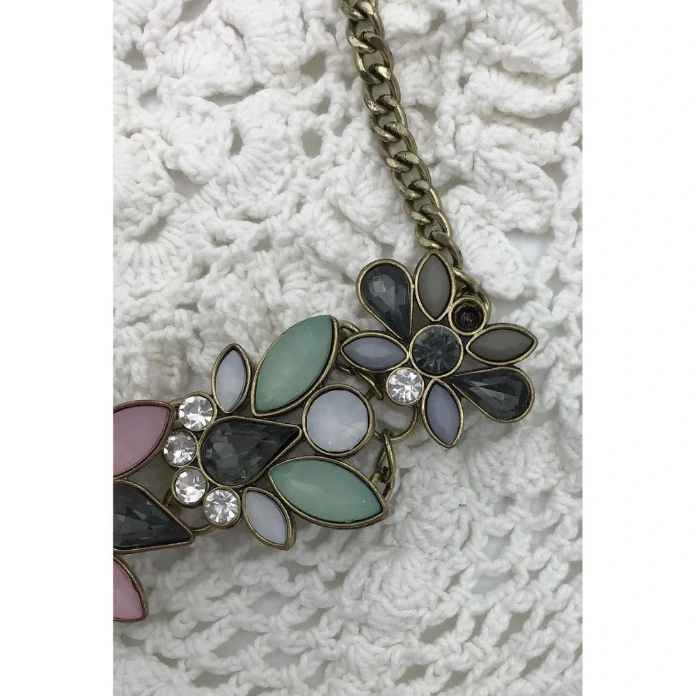 VTG Brass Floral Chunky Bib Statement Rhinestone Bold Boho Whimsical Curb Chain
